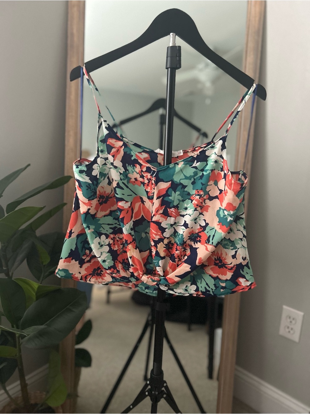 Floral Knot-Front Cami Top - Coral, Teal, Navy, White